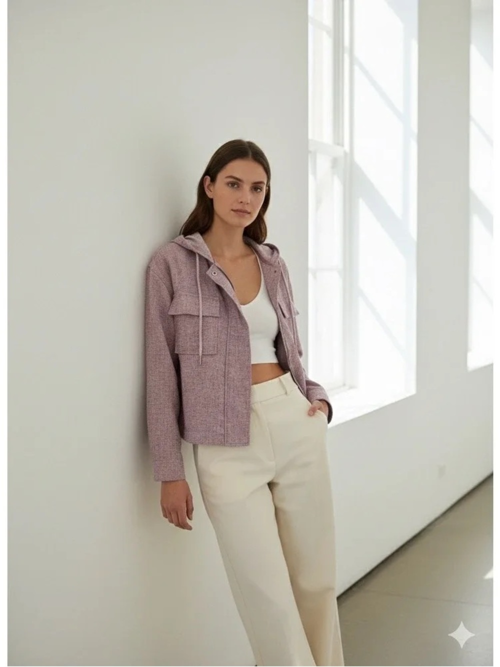 Avec Les Filles XS Mauve Tweed Hooded Utility Jacket Cropped Boho‎ Shacket